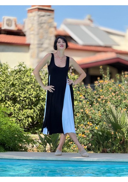 MS3123 Kolsuz Turlu Viskon Elbise Siyah Beyaz