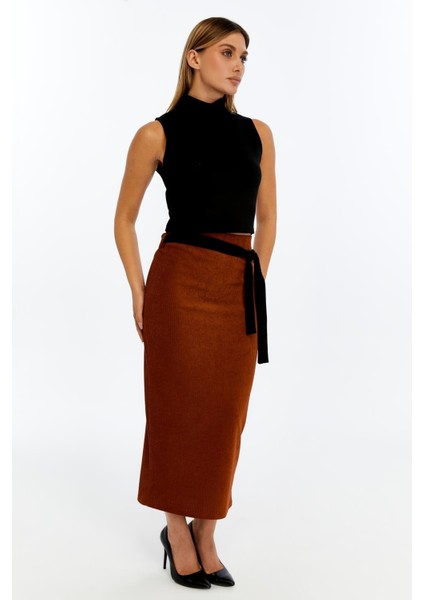 Kadın Kiremit Kadife Suvet Kuşak Detaylı Kışlık Kalem Etek 2111-90 fiyatları