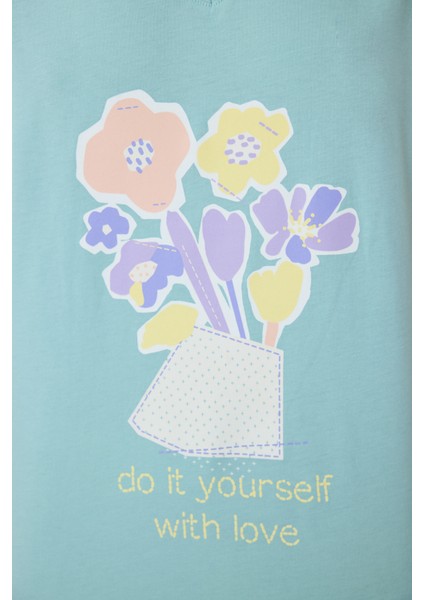 Mint Yeşili With Love Çiçek Desenli Pamuklu V Yaka Kısa Kollu Pijama Takımı