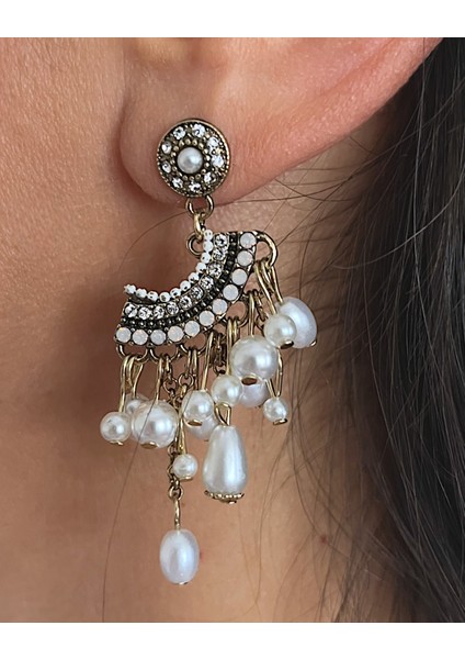 İncili ve Zirkon Taşlı Vintage Sallantılı Küpe indirimleri