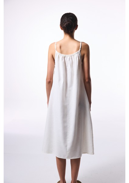 Beyaz Natural Keten Kare Yaka Uzun Elbise
