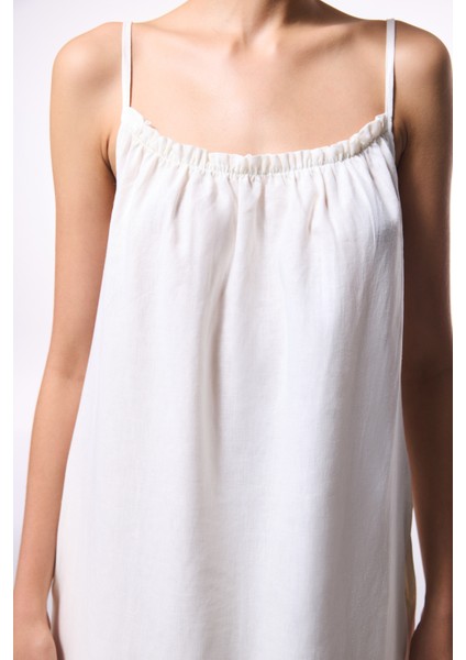 Beyaz Natural Keten Kare Yaka Uzun Elbise