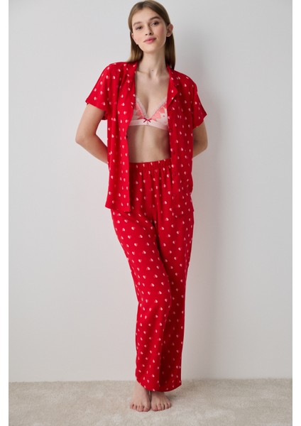 Je T'aime Gömlek Pantolon Kırmızı Pijama Takımı - Penti Loves Paris Koleksiyonu