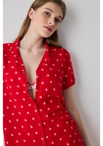 Je T'aime Gömlek Pantolon Kırmızı Pijama Takımı - Penti Loves Paris Koleksiyonu