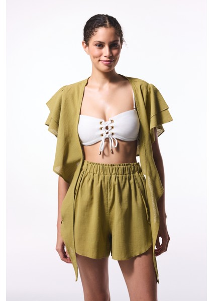 Yağ Yeşili Peek Bağlama Detaylı Crop Top Üst