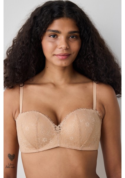 Push Up Lace Dantel Bej Straplez Sütyen