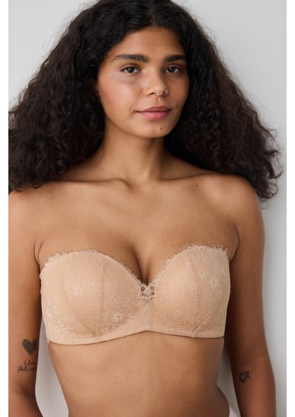 Push Up Lace Dantel Bej Straplez Sütyen