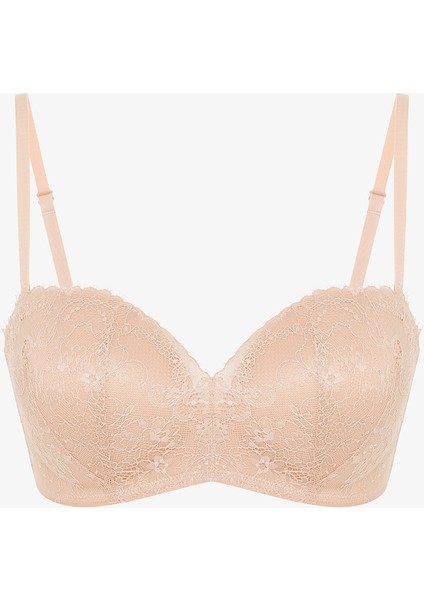 Push Up Lace Dantel Bej Straplez Sütyen