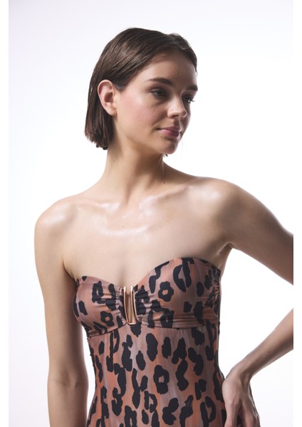 Clove Leopar Desenli Tokalı Straplez Mayo