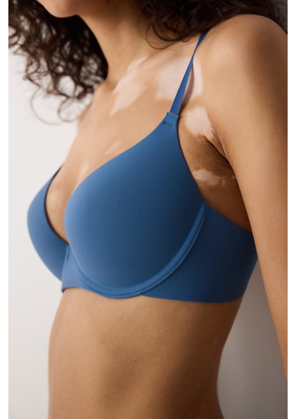 Liny Ribbed Balenli Koyu Mavi Sütyen