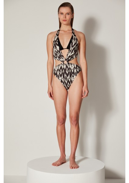 Siyah Beyaz Boyundan Bağlamalı Olivia Monokini Mayokini-Özgür Masur Koleksiyonu