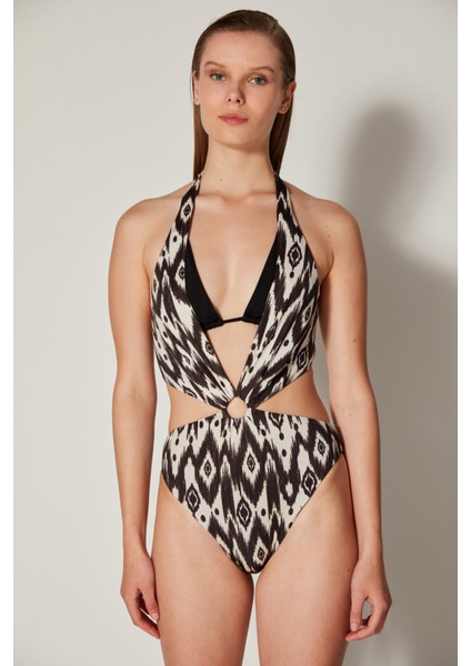 Siyah Beyaz Boyundan Bağlamalı Olivia Monokini Mayokini-Özgür Masur Koleksiyonu