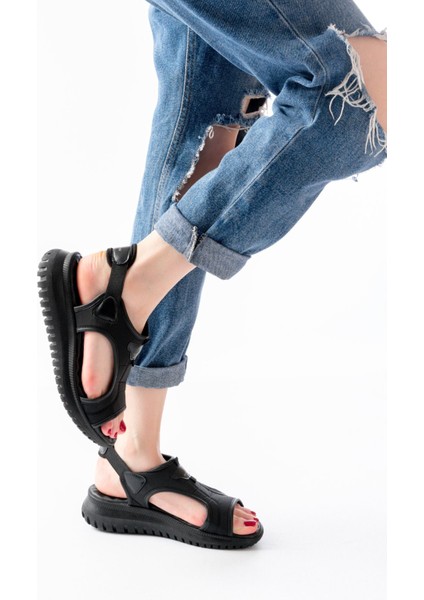 T-221 Siyah Spring Paraşüt Kumaş Lastikli Ortopedik Kadın Sandalet