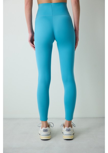 Turkuaz Mavi Yüksel Bel Toparlayıcı Bilek Boy Form Tayt
