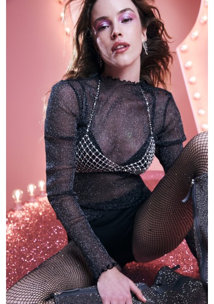 Taşlı File Siyah Külotlu Çorap