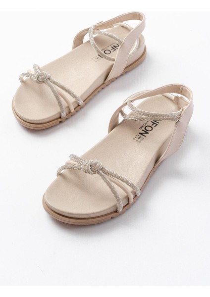 1001-1120 Bej Gümüş Taşlı Günlük Kadın Sandalet modelleri