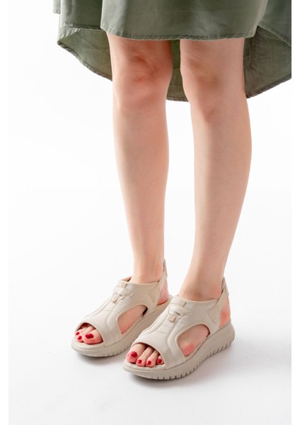 T-221 Bej Spring Paraşüt Kumaş Lastikli Ortopedik Kadın Sandalet