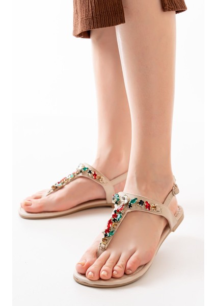 152-1110 Bej Multi Taşlı Parmak Arası Kadın Sandalet fırsatları