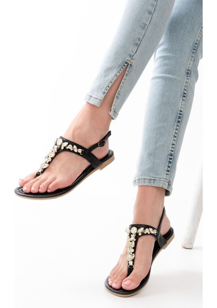 152-1110 Siyah Gümüş Taşlı Parmak Arası Kadın Sandalet fiyatları