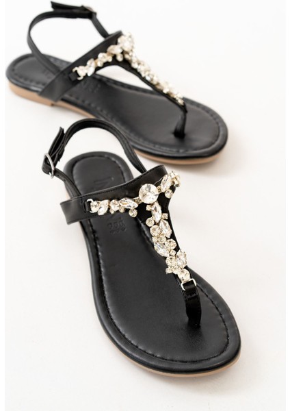 152-1110 Siyah Gümüş Taşlı Parmak Arası Kadın Sandalet fırsatları