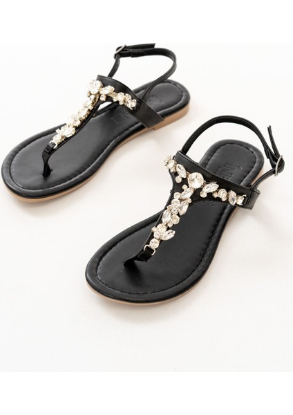 152-1110 Siyah Gümüş Taşlı Parmak Arası Kadın Sandalet indirimleri