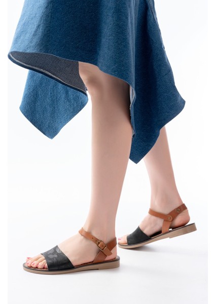 205-012 Siyah Ortopedik Hakiki Deri Kadın Sandalet