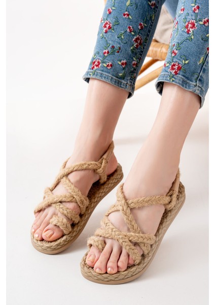 402 Bej Hasır Kadın Sandalet modelleri