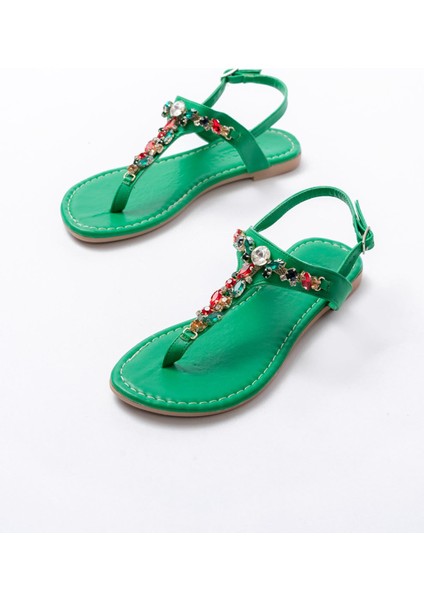152-1110 Çimen Yeşili Multi Taşlı Parmak Arası Kadın Sandalet indirimleri