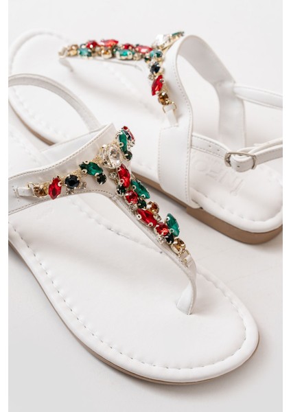 152-1110 Beyaz Multi Taşlı Parmak Arası Kadın Sandalet fırsatları