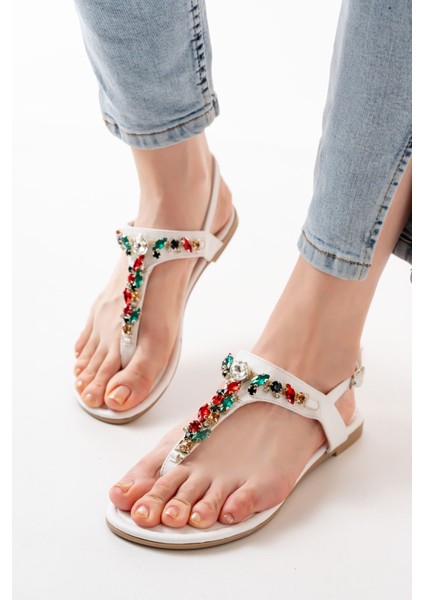 152-1110 Beyaz Multi Taşlı Parmak Arası Kadın Sandalet indirimleri