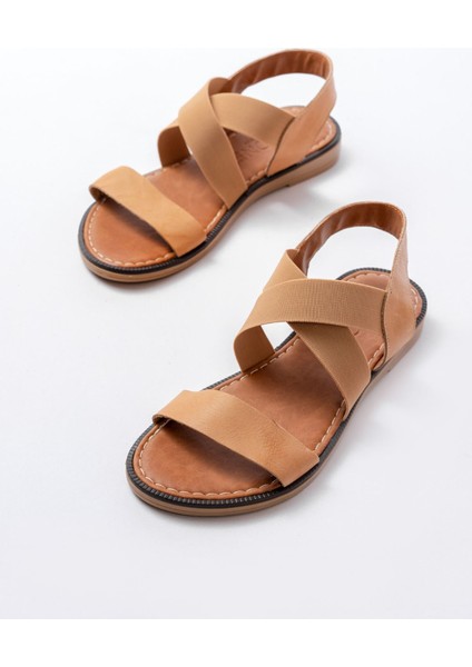 205-04 Bej Tek Bantlı Lastikli Hakiki Deri Ortopedik Taban Kadın Sandalet indirimleri