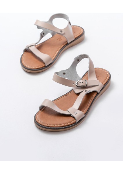 205-090 Bej Hakiki Deri Tokalı Kadın Sandalet indirimleri