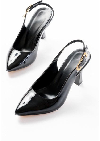 719 Siyah Rugan Sivri Burunlu Toka Detaylı Topuklu Kadın Ayakkabı modelleri