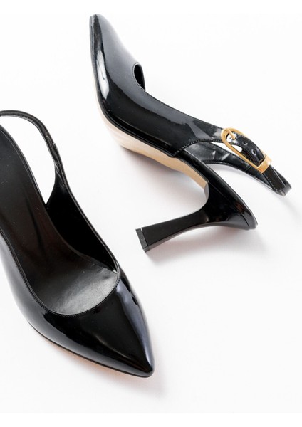 719 Siyah Rugan Sivri Burunlu Toka Detaylı Topuklu Kadın Ayakkabı fırsatları