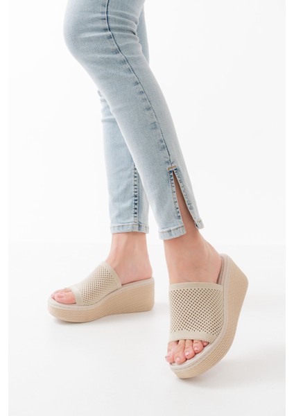 232-460 Bej Triko Günlük Ortopedik Dolgu Topuk Kadın Terlik fiyatları