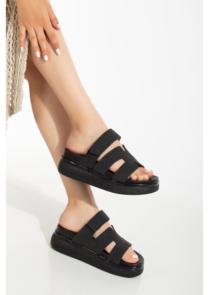 24422-HERMES Siyah Dolgu Topuk Kadın Sandalet fırsatları