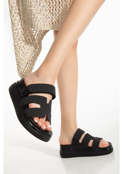 24422-HERMES Siyah Dolgu Topuk Kadın Sandalet indirimleri