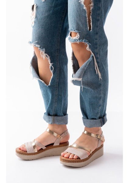 730-044 Bej Garni Ortopedik Örgü Desenli Hakiki Deri Dolgu Kadın Sandalet fiyatları