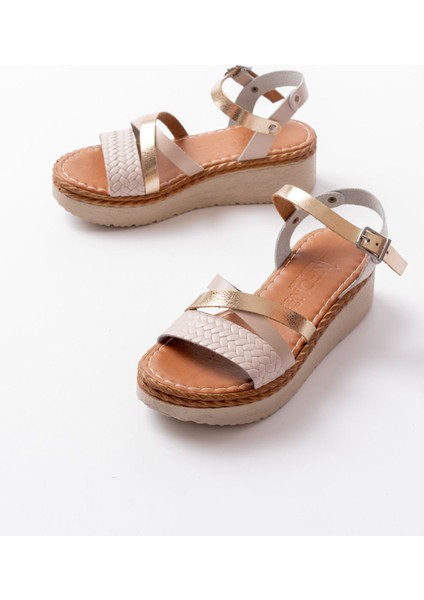 730-044 Bej Garni Ortopedik Örgü Desenli Hakiki Deri Dolgu Kadın Sandalet modelleri