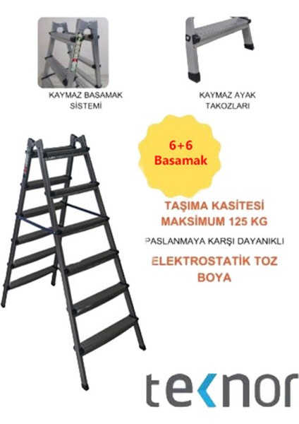 Çift Taraflı Dayanıklı 6+6 Metal Basamaklı Merdiven