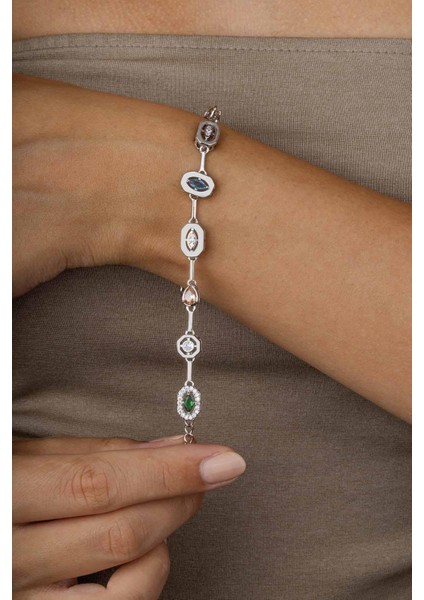 Beyaz Altın Kaplama Sıralı Renkli Taş Kadın Çelik Bileklik