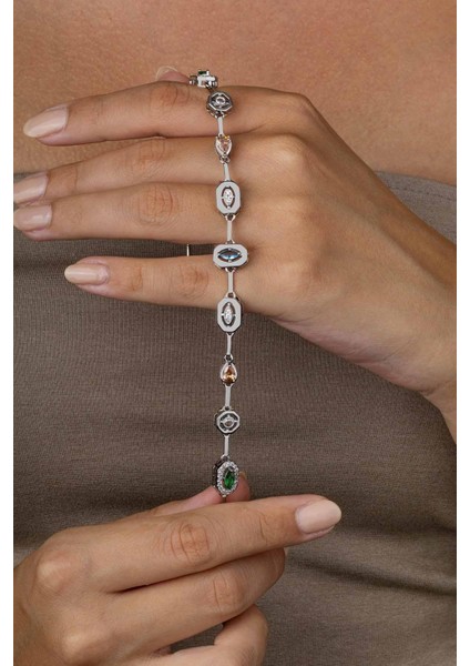 Beyaz Altın Kaplama Sıralı Renkli Taş Kadın Çelik Bileklik modelleri