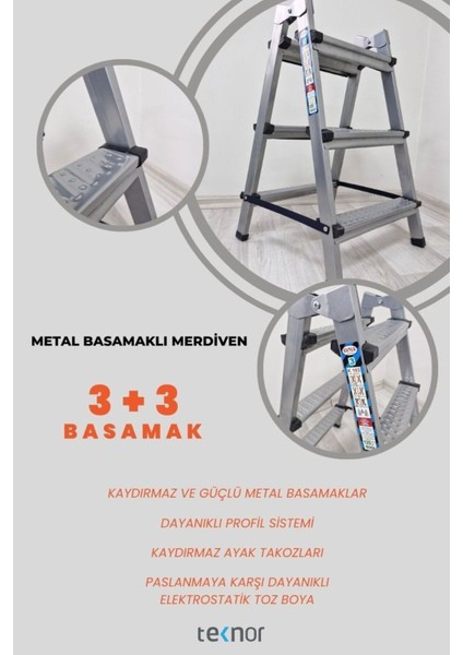 Çift Taraflı Dayanıklı 3+3 Metal Basamaklı Merdiven