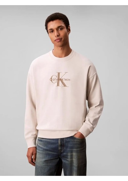 Uzun Kollu 350GR Penye Monologolu Bisiklet Yaka Erkek Beyaz Sweatshirt LV04RD242G-67U