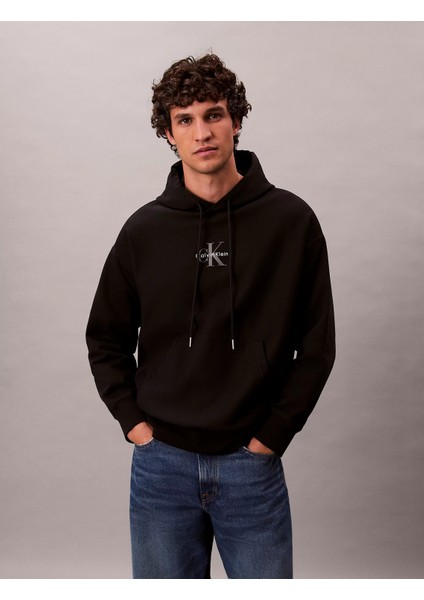 Premium Penye Mikro Monologolu Kapüşonlu Erkek Siyah Sweatshirt LV04RC281G-UB1