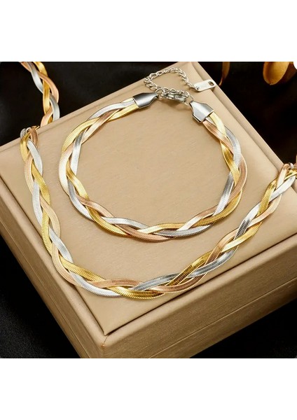 Üç Renk; Gümüş, Altın, Rose Renklerde Italyan Zincir; KOLYE40+5; Bileklik 15+5 Uzunluğunda 316 Lçelik Takı Seti