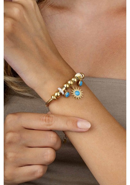 Firuze Taşlı Altın Kaplama Güneş Figürlü Kadın Charm Bileklik