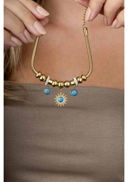 Firuze Taşlı Altın Kaplama Güneş Figürlü Kadın Charm Bileklik fiyatları