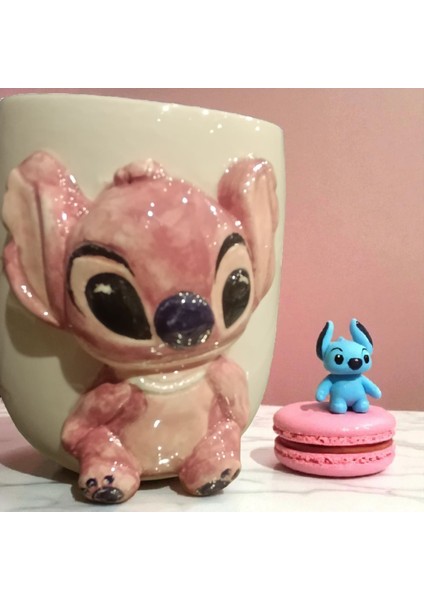 3D Kabartmalı Stitch Angel Kalp veya Harf HEDİYE Charmlı El Yapımı Seramik Kişiselleştirilebilir Kupa Bardak