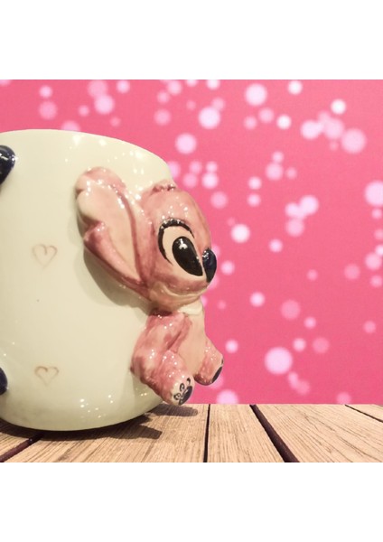 3D Kabartmalı Stitch Angel Kalp veya Harf HEDİYE Charmlı El Yapımı Seramik Kişiselleştirilebilir Kupa Bardak